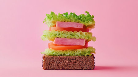 A visually appealing sandwich featuring layers of fresh green lettuce, ripe tomato, and slices of ham on a slice of brown bread, all set against a soft pink backdrop.の素材