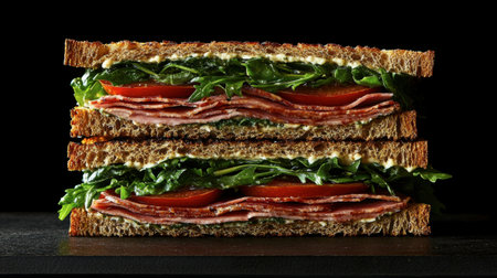 A visually appealing sandwich showcasing layers of fresh ham, crispy lettuce, and juicy tomatoes, nestled between slices of whole grain bread, perfect for meal inspiration.の素材