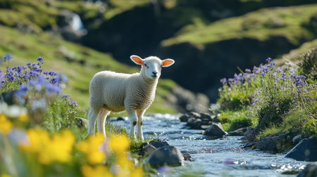 A cute lamb stands gracefully by a clear stream, surrounded by vibrant wildflowers in a lush valley, capturing the essence of serene rural life in springtime.の素材