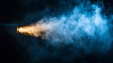 A captivating image showcasing smoke and light emanating from a muzzle against a dark background. The interplay of blue and orange creates a dramatic atmosphere.の素材