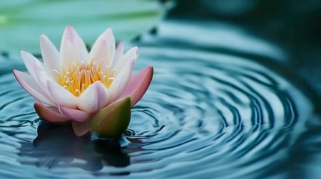 A beautiful water lily floats gracefully on a serene pond, creating ripples in the calm water. The soft pink petals contrast with the deep blues, evoking tranquility.の素材