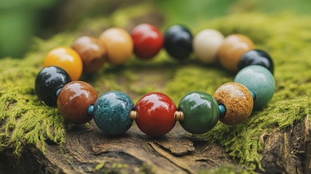 A vibrant and artistic close-up of a colorful beaded bracelet resting on a mossy wooden surface. This unique jewelry piece showcases an array of stones and hues.の素材