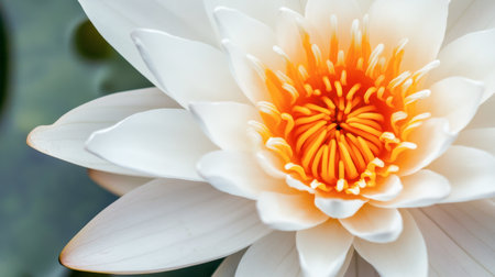 This stunning close-up image features a white water lily flower with a vibrant orange center, set against a serene pond backdrop. Perfect for nature themes.の素材