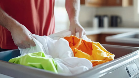 A person sorts colorful clothes in a laundry basket, showcasing the vibrant hues of orange, white, and green. This scene captures the essence of everyday household chores.の素材