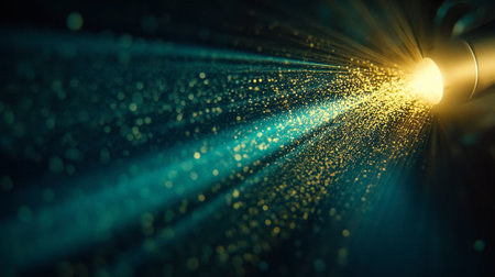 A stunning light beam cutting through a dark space with floating dust particles, creating an enchanting atmosphere and visual depth in this abstract composition.の素材