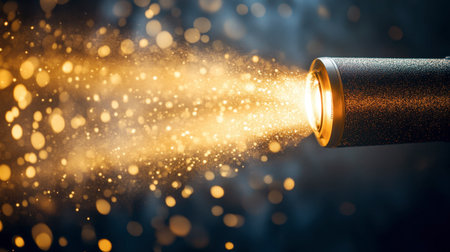 This captivating image features a flashlight beam projecting a warm golden light, creating a mesmerizing sparkling effect against a dark background. Perfect for conveying illumination and energy themes.の素材