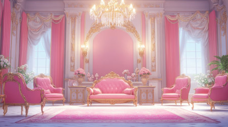 A stunning pink interior featuring elegant seating and a grand chandelier. Soft lighting and floral accents create a luxurious and tranquil atmosphere.の素材