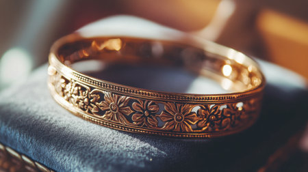 A close-up of an elegant gold bangle showcasing intricate floral carvings. This beautiful piece of jewelry highlights skilled craftsmanship and luxurious design.の素材