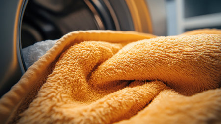 A close-up view of a soft orange towel inside a laundry machine, showcasing its cozy texture and vibrant color, perfect for illustrating laundry and home care themes.の素材
