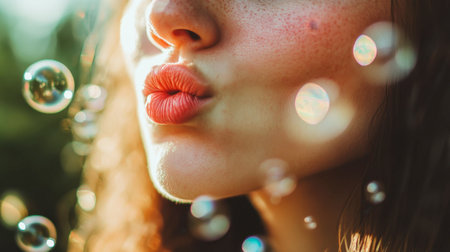A close-up portrait of a young woman with soft features pouting playfully, surrounded by floating bubbles in a sunlit outdoor setting, radiating joy and beauty.の素材