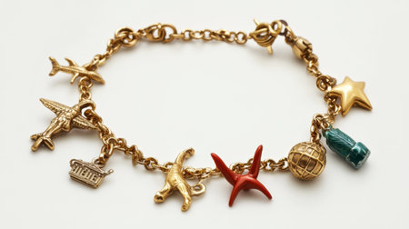 Beautiful vintage golden charm bracelet featuring an array of unique icons. Perfect accessory for adding elegance and personal flair to any outfit.の素材