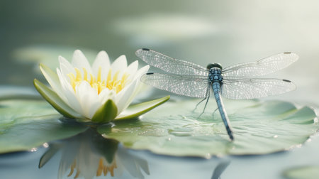 A serene scene featuring a dragonfly resting on a water lily in a tranquil pond. Soft focus creates a peaceful atmosphere for nature lovers and photographers.の素材