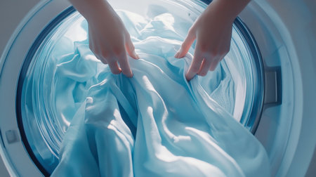 A close-up view of hands placing a soft blue blanket into a modern washing machine, highlighting the process of laundry and fabric care in a household setting.の素材