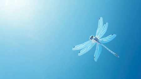 A graceful dragonfly flying against a calming blue sky, symbolizing peace and tranquility in nature. A perfect representation of summer beauty and light.の素材