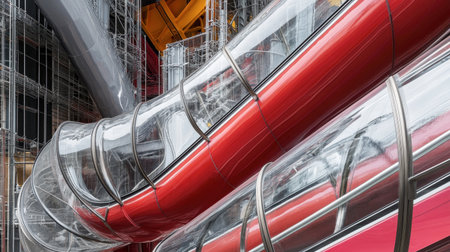 A stunning example of modern architecture featuring colorful slide structures. The design blends glass and metal materials, creating a playful urban installation.の素材