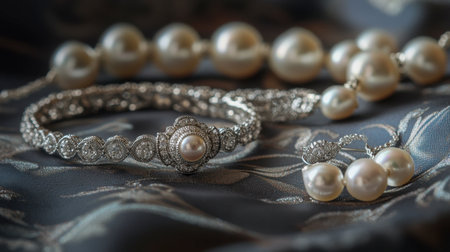 Discover an elegant pearl jewelry set featuring a bracelet, earrings, and a necklace, laid gracefully on a textured fabric. Perfect for special occasions or gifting.の素材