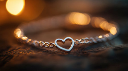 A stunning silver bracelet featuring a heart charm, resting on a textured wood surface. The soft glow in the background adds a romantic touch, perfect for any elegant occasion.の素材