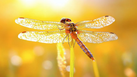 A captivating image of a dragonfly perched on a blade of grass, showcasing its intricate wings bathed in warm sunlight. Nature's elegance shines through.の素材