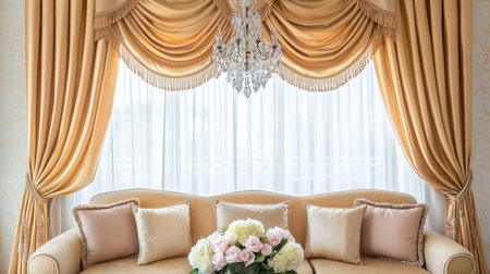 A stylish living room featuring luxurious golden curtains, an exquisite chandelier, and a beautiful floral centerpiece on a plush sofa, creating an elegant ambiance.の素材