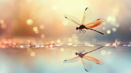 A beautifully captured dragonfly hovering above serene water, reflecting its delicate wings. The soft bokeh background adds an enchanting glow to the tranquil scene.の素材