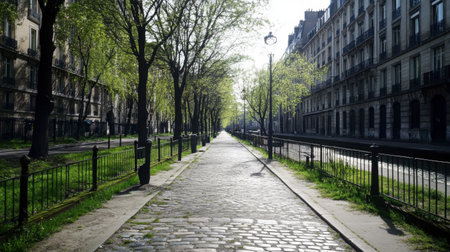 A tranquil urban pathway lined with lush green trees and dappled sunlight. Ideal for showcasing nature's beauty in a city environment during springtime.の素材