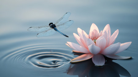 A stunning dragonfly hovers gracefully above a blooming lotus flower on a serene water surface, showcasing nature's delicate beauty and tranquility.の素材