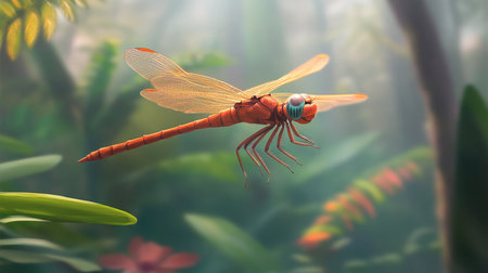 A stunning red dragonfly gracefully hovers in a lush tropical setting, showcasing vibrant colors and intricate wing details amidst a serene natural backdrop.の素材