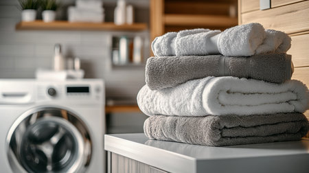 Organized towels in soft shades are stacked neatly beside a washing machine in a modern laundry room, embodying simplicity and cleanliness for a refreshing home environment.の素材