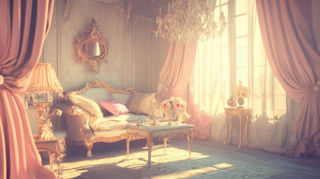 This stunning vintage living room features elegant furniture, soft lighting, and luxurious decorations, creating a cozy and inviting ambiance with delicate artistry.の素材