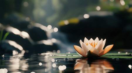 A beautiful water lily floats serenely on a calm pond, surrounded by soft light and natural greenery, creating a peaceful and tranquil atmosphere.の素材