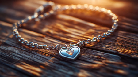 A stunning silver heart charm bracelet rests on a rustic wooden surface, illuminated by a warm sunset glow. Perfect for celebrating love and style.の素材