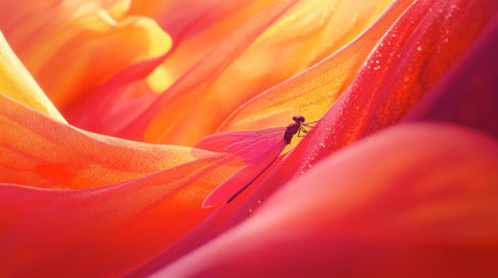 A mesmerizing close-up image capturing a delicate dragonfly resting on vibrant flower petals. The vivid colors and soft textures create a serene atmosphere in nature.の素材