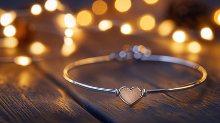 Close-up of an elegant silver bracelet featuring a heart charm, set against a softly illuminated wooden table. Perfect for showcasing love and beauty.の素材