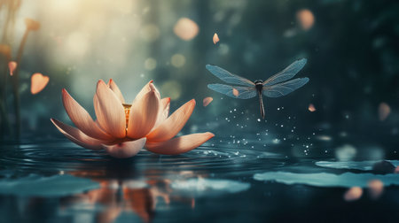 A tranquil scene featuring a pink lotus flower and a delicate dragonfly hovering above the water. Soft light and gentle petals create a peaceful ambiance.の素材