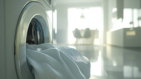 A close-up view of a washing machine filled with white towels, set in a modern home interior. The image conveys cleanliness and contemporary living.の素材