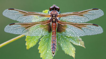A stunning close-up of a dragonfly resting on a dew-covered leaf, showcasing intricate details of its wings and vibrant colors in a serene natural setting.の素材