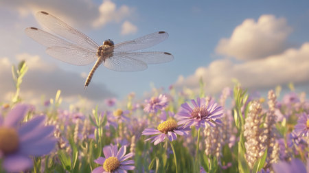 A delicate dragonfly hovers gracefully above vibrant purple wildflowers in a sunlit field. This picturesque scene captures the beauty of nature.の素材