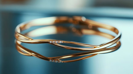 This stunning gold bracelet features a sleek design with a sparkling accent, beautifully displayed on a reflective surface for an elegant touch. Perfect for any occasion.の素材
