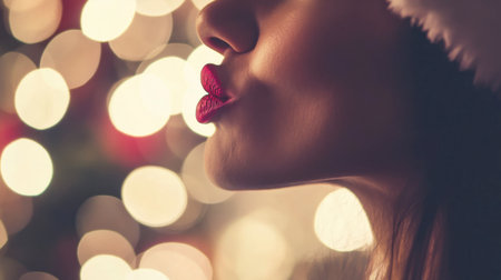 A captivating close profile of a woman with vibrant red lips, framed by dreamy Christmas lights. The soft bokeh creates a warm, festive atmosphere perfect for holiday themes.の素材