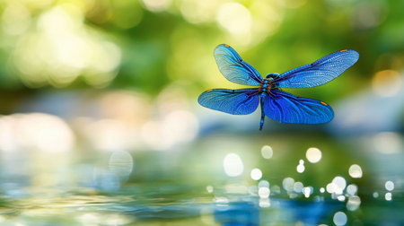 A stunning blue dragonfly hovers gracefully above a sparkling water surface, showcasing its iridescent wings amidst a lush green backdrop, capturing the essence of nature's beauty.の素材
