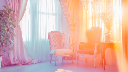A serene and elegant interior showcasing vintage furniture bathed in soft sunlight. The atmosphere is warm, inviting, and perfect for relaxation.の素材