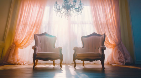Two elegant vintage chairs sit in a bright room illuminated by natural light. Soft drapes and a sparkling chandelier create a warm, inviting atmosphere perfect for relaxation.の素材