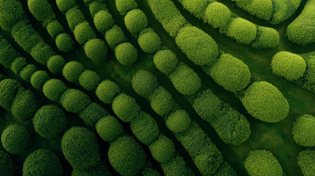 This aerial image showcases intricately arranged spherical hedges in rich green hues, creating a serene and harmonious pattern in a vibrant natural setting.の素材