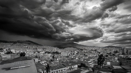 A captivating black and white cityscape showcasing dark storm clouds looming over mountainous terrain, creating a powerful and moody atmosphere perfect for dramatic imagery.の素材