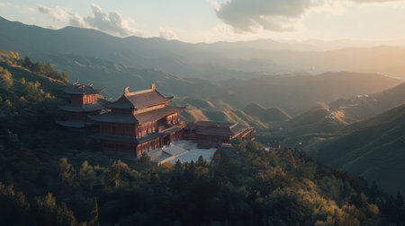 An exquisite aerial view of a majestic mountain temple bathed in warm sunlight, showcasing serene architecture and harmonious integration with breathtaking natural landscapes.の素材