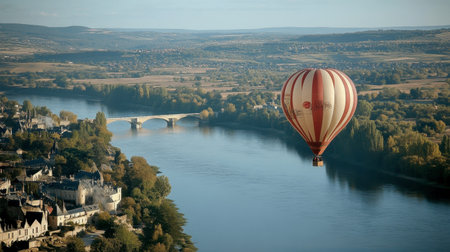 Experience the tranquility of a hot air balloon as it floats gracefully above the river and charming villages, offering breathtaking views of the scenic landscape below.の素材