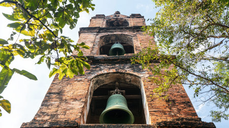 A stunning view of a historic bell tower framed by lush greenery, featuring two large bronze bells and showcasing intricate brick architecture against a vibrant sky.の素材