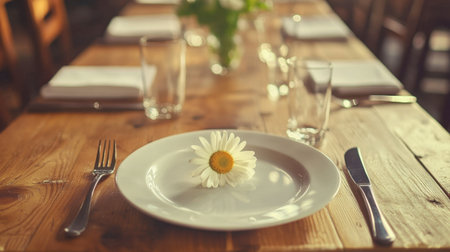 A beautifully arranged dining table featuring a simple daisy flower on a white plate. The warm wooden surface creates an inviting atmosphere for meals and gatherings.の素材
