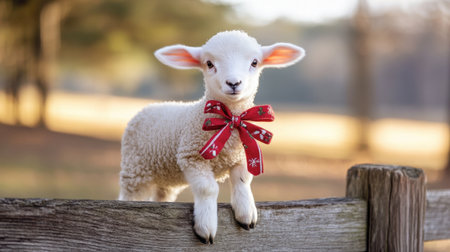 A charming baby lamb with a festive red bow stands on a wooden fence, set against a serene background. This delightful scene captures the innocence and joy of rural life.の素材