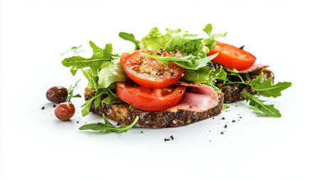 A vibrant open-faced sandwich featuring layers of ham, fresh tomatoes, and leafy greens on dark rye bread, ideal for promoting healthy eating and gourmet meal ideas.の素材